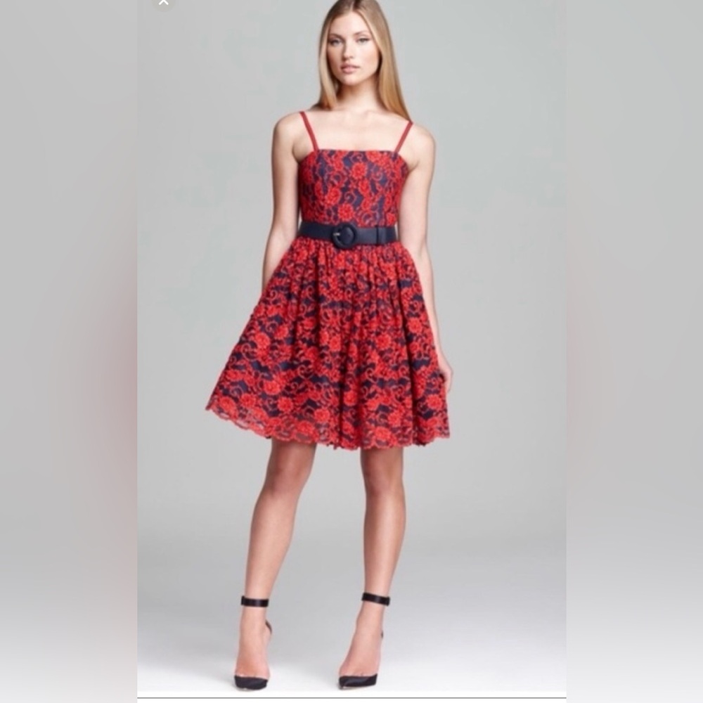 Elegant Alice + Olivia Red and  navy blue Lace Dress